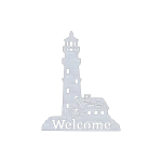 Aluminum wall sign with a lighthouse and house design. 'Welcome' is cut out at the base. Precision-cut from 1/8-inch aluminum, displayed on black.